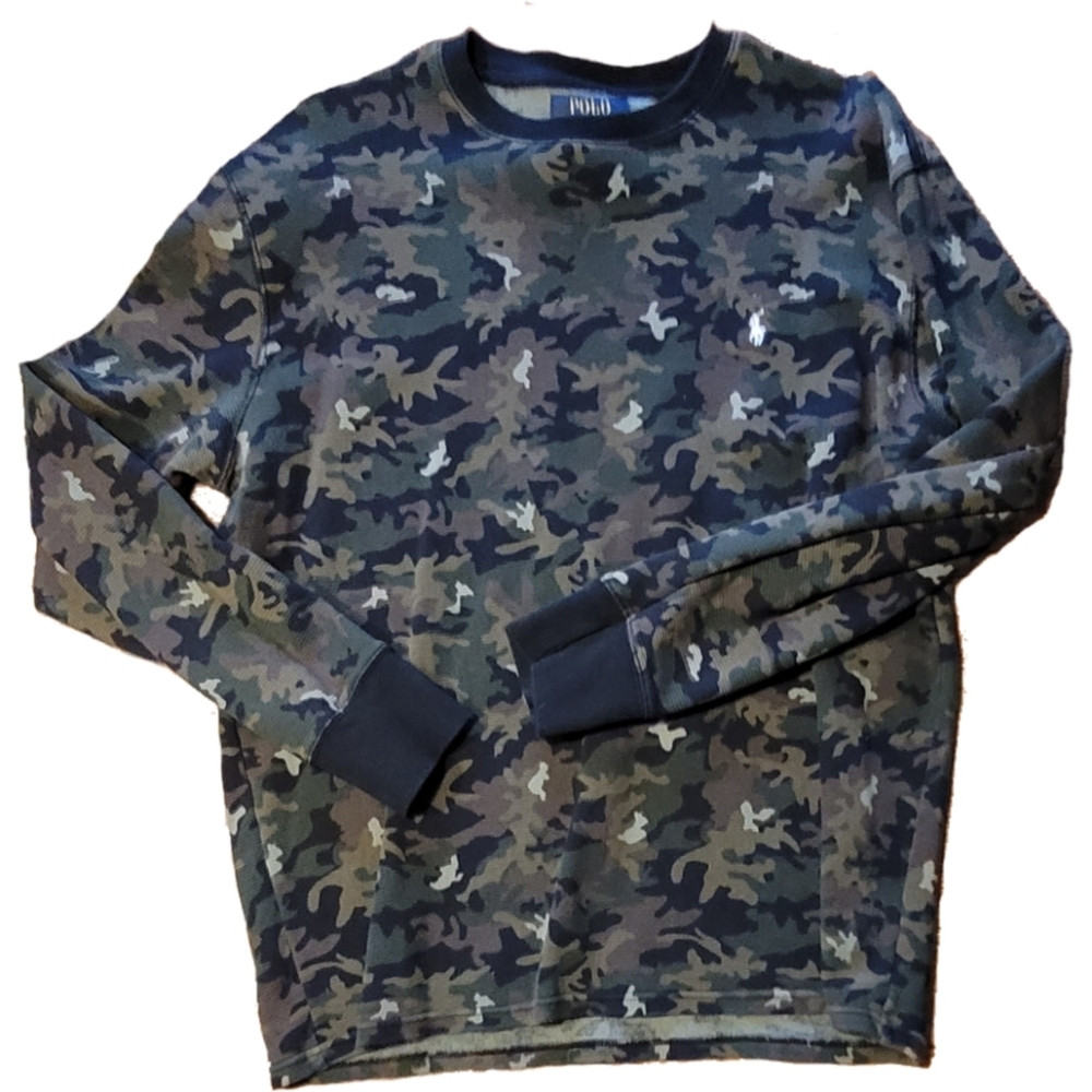 Polo Ralph Lauren Green Camouflage White Pony Waffle Knit Thermal Men's XL